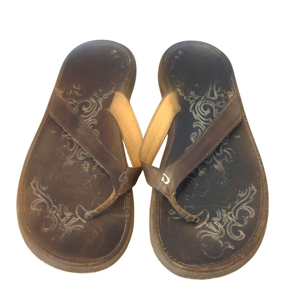OluKai Hawaiian Inspired Brown Leather Sandals Women's Size 9